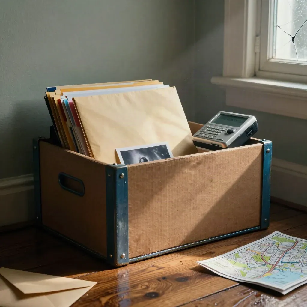 Rain-soaked archive crate with folders, envelopes, recorder and a folded city map in dawn light.