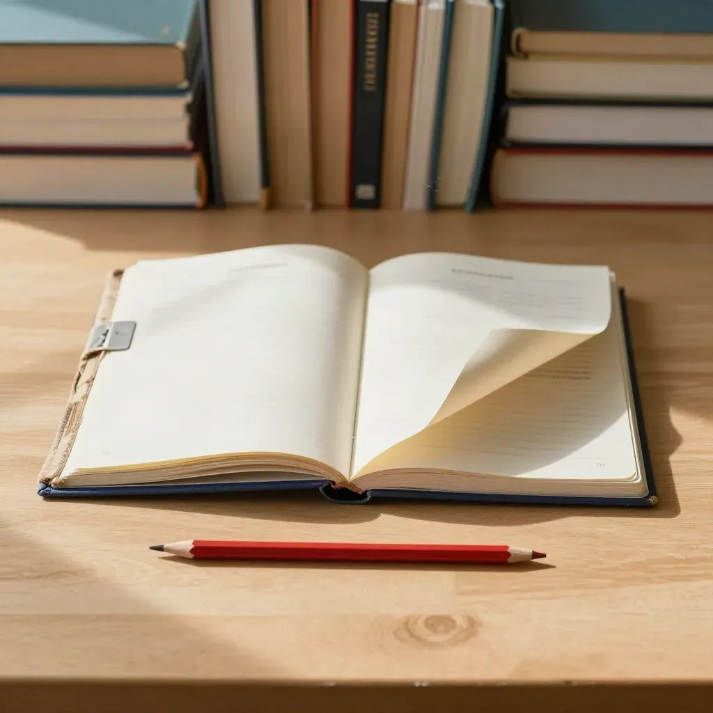 Top-down school review table with binder, worn readers, red pencil and chalk dust on pale wood.