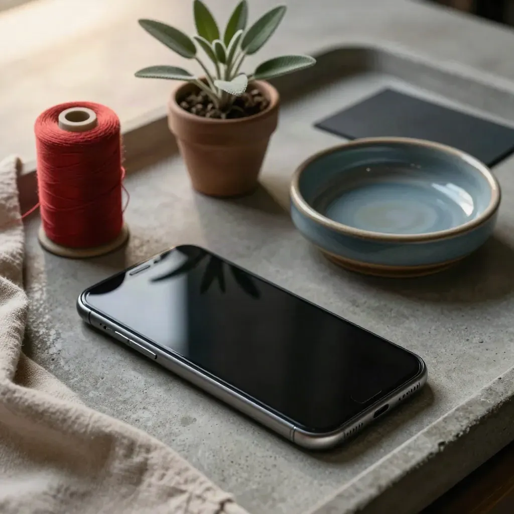Face-down smartphone, red thread spool, tiny plant and ceramic catchall on brushed concrete.