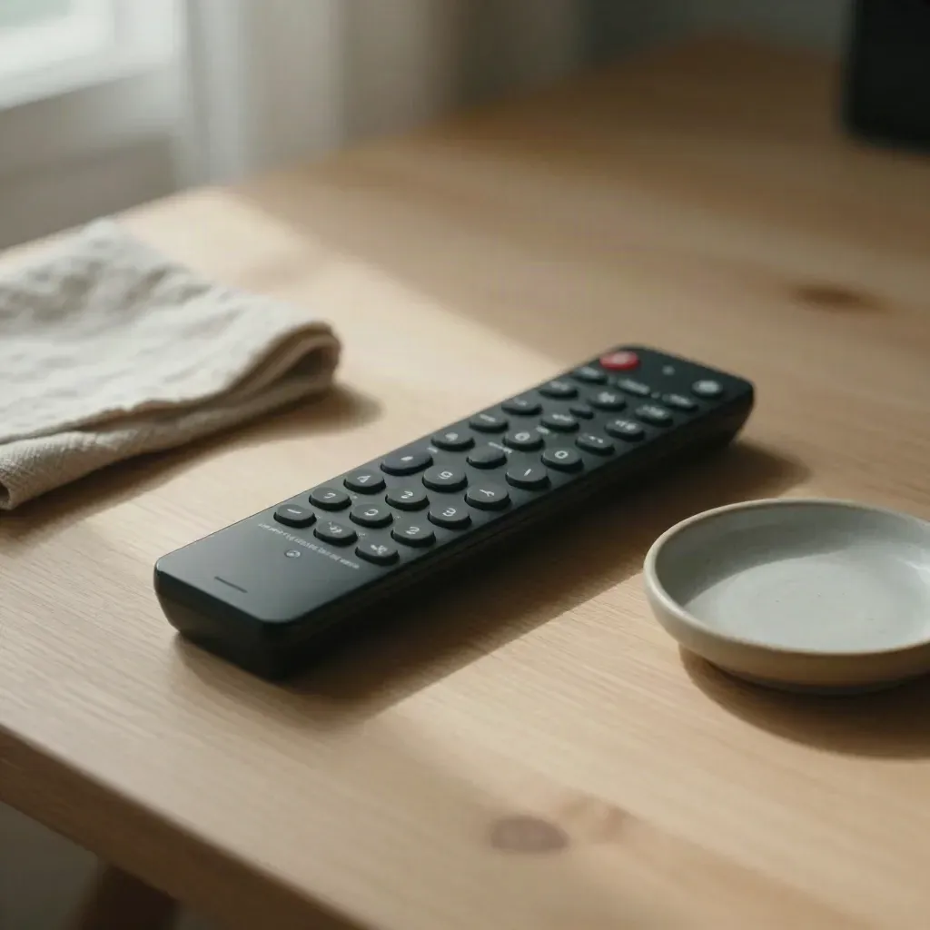 Black monitor remote and recorder with cloth and ceramic dish on warm wood